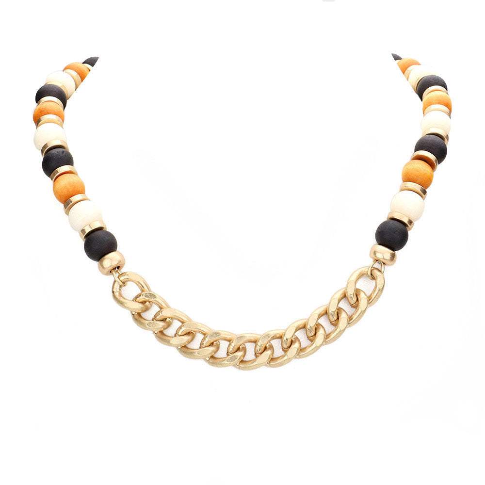 Metal Chain Link Accented Wood Necklace - Madeline Love - Flyclothing LLC