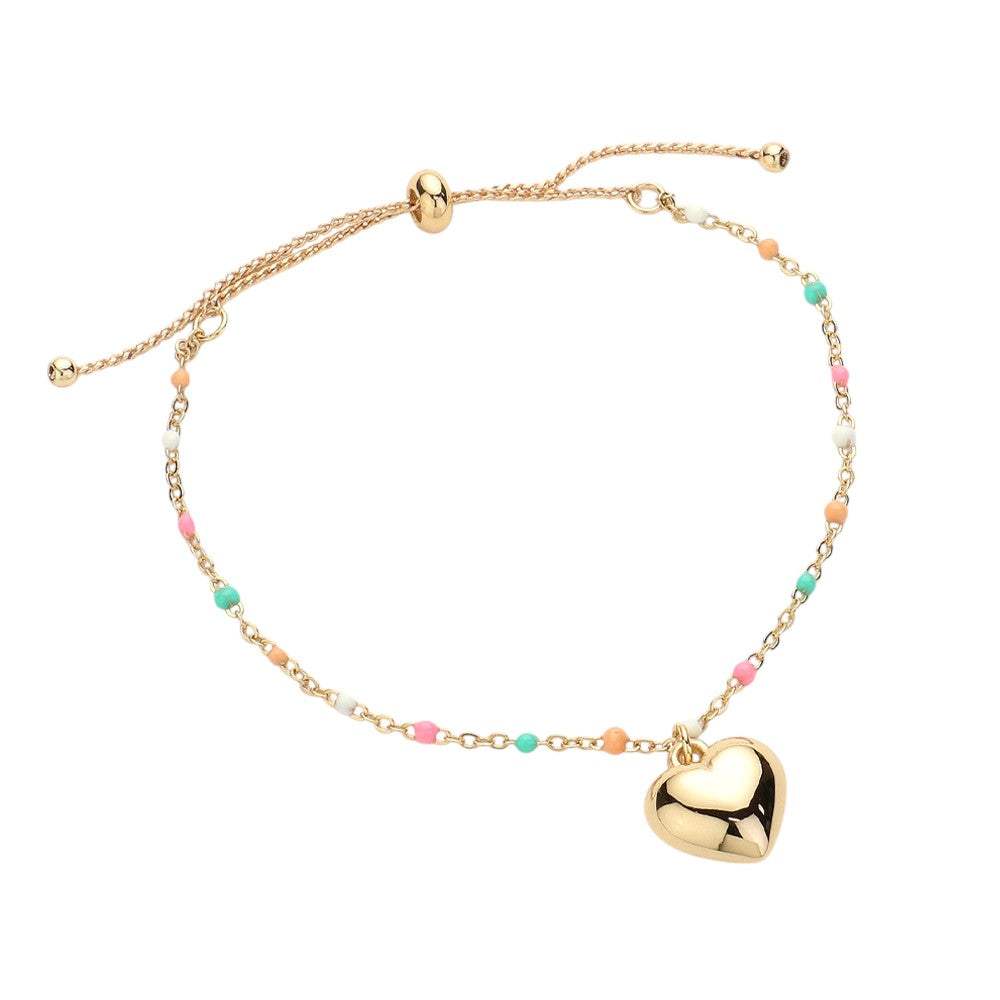 Metal Heart Charm Beads Station Pull Tie Cinch Bracelet - Madeline Love - Flyclothing LLC