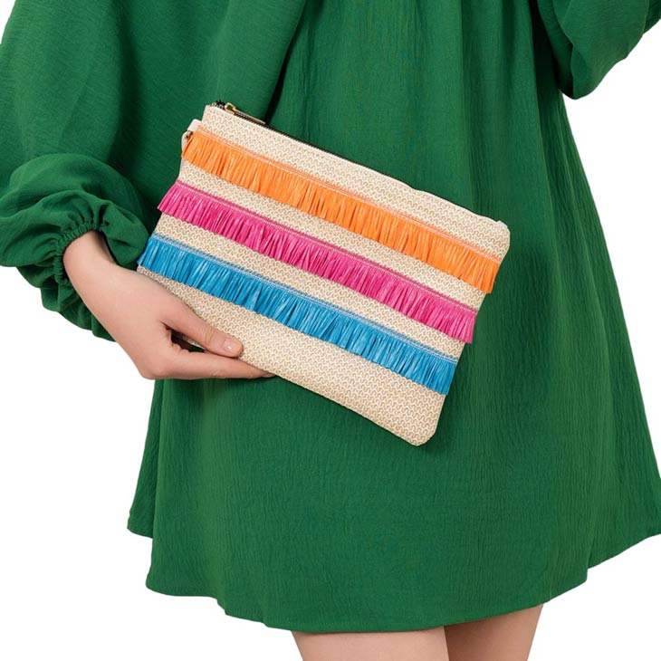 Raffia Fringe Accented Flap Clutch Bag - Madeline Love - Flyclothing LLC