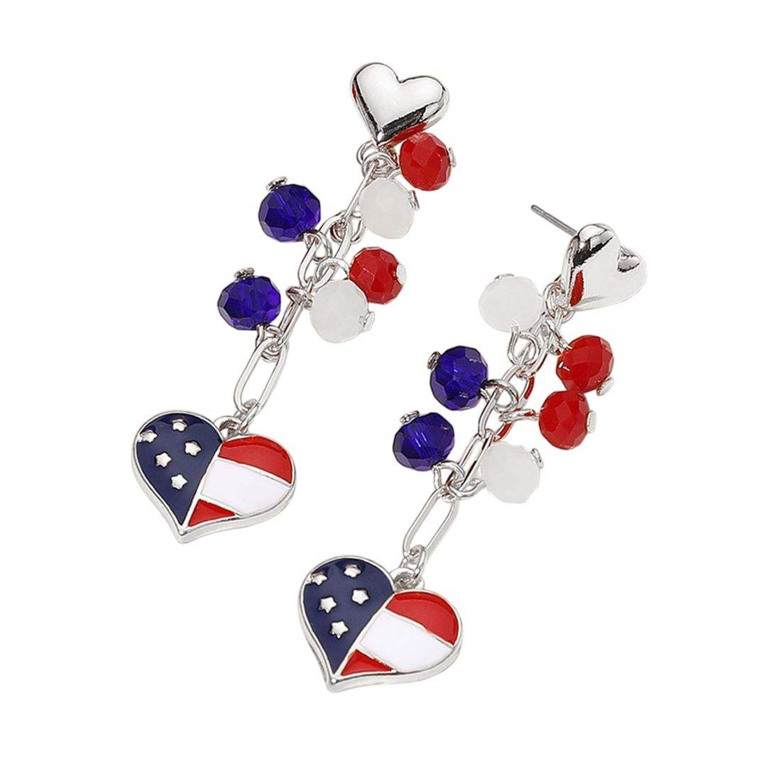 Enamel American USA Flag Heart Beaded Drop Chain Dangle Earrings - Madeline Love - Flyclothing LLC