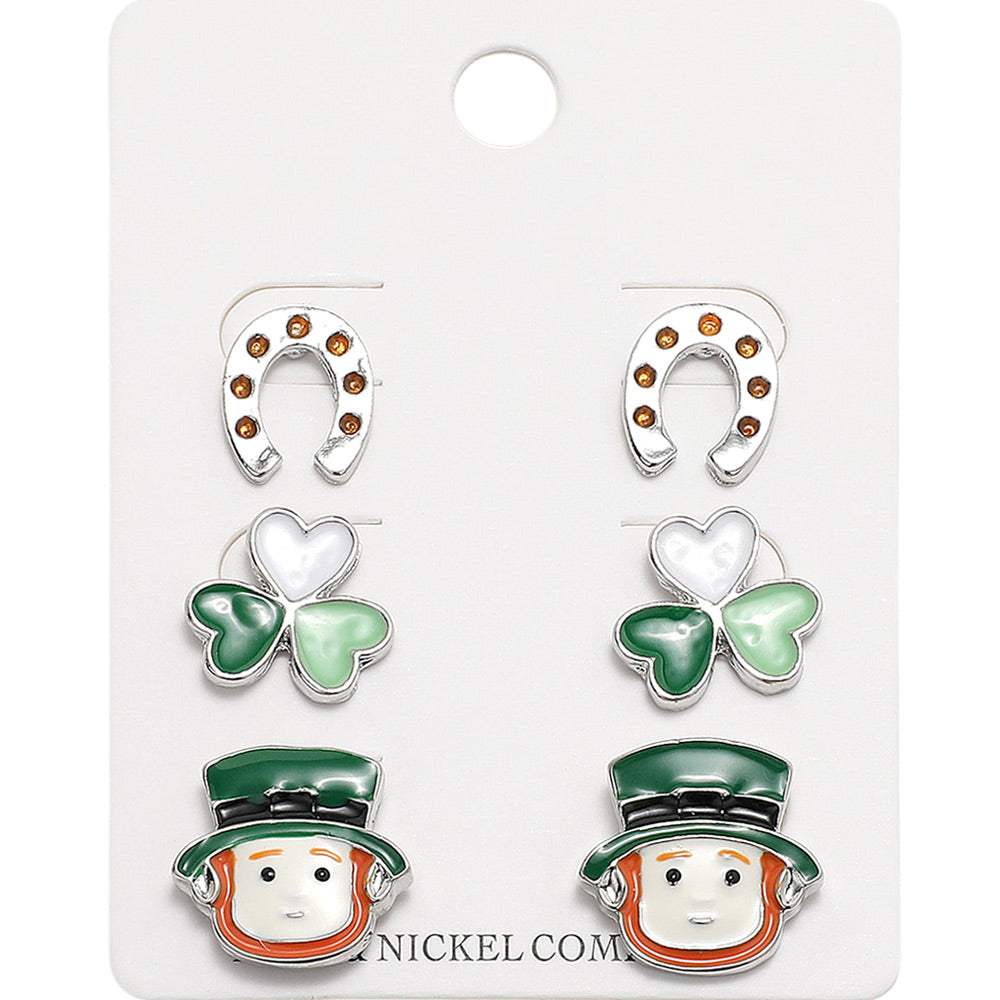 Enamel St Patricks Clover Leprechaun Horseshoe Stud Earring Set - Madeline Love - Flyclothing LLC