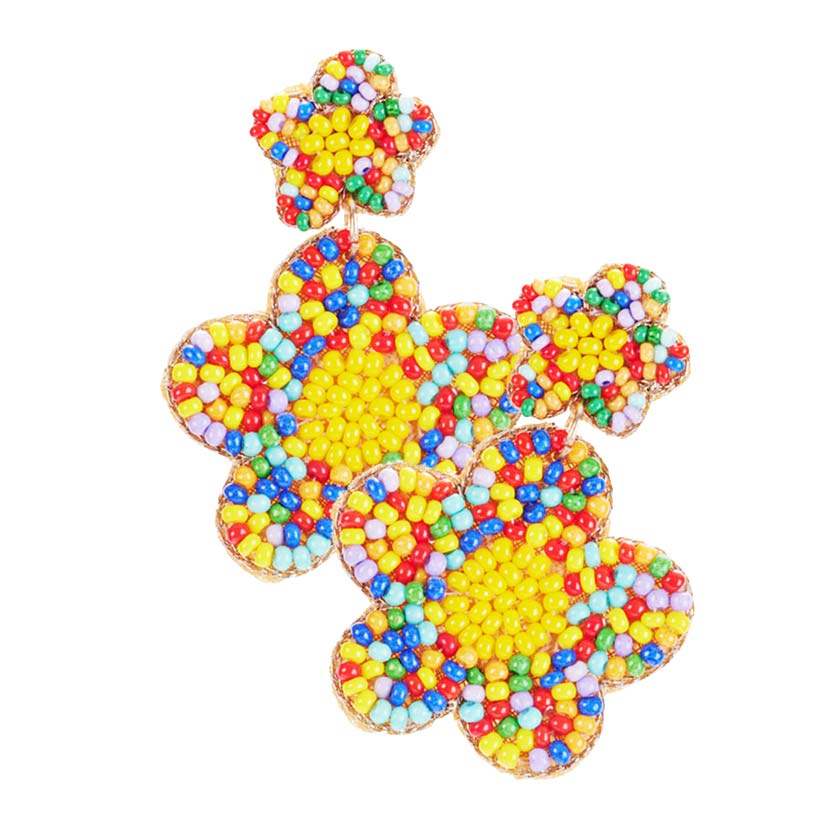 Seed Beaded Double Flower Link Dangle Earrings - Madeline Love - Flyclothing LLC