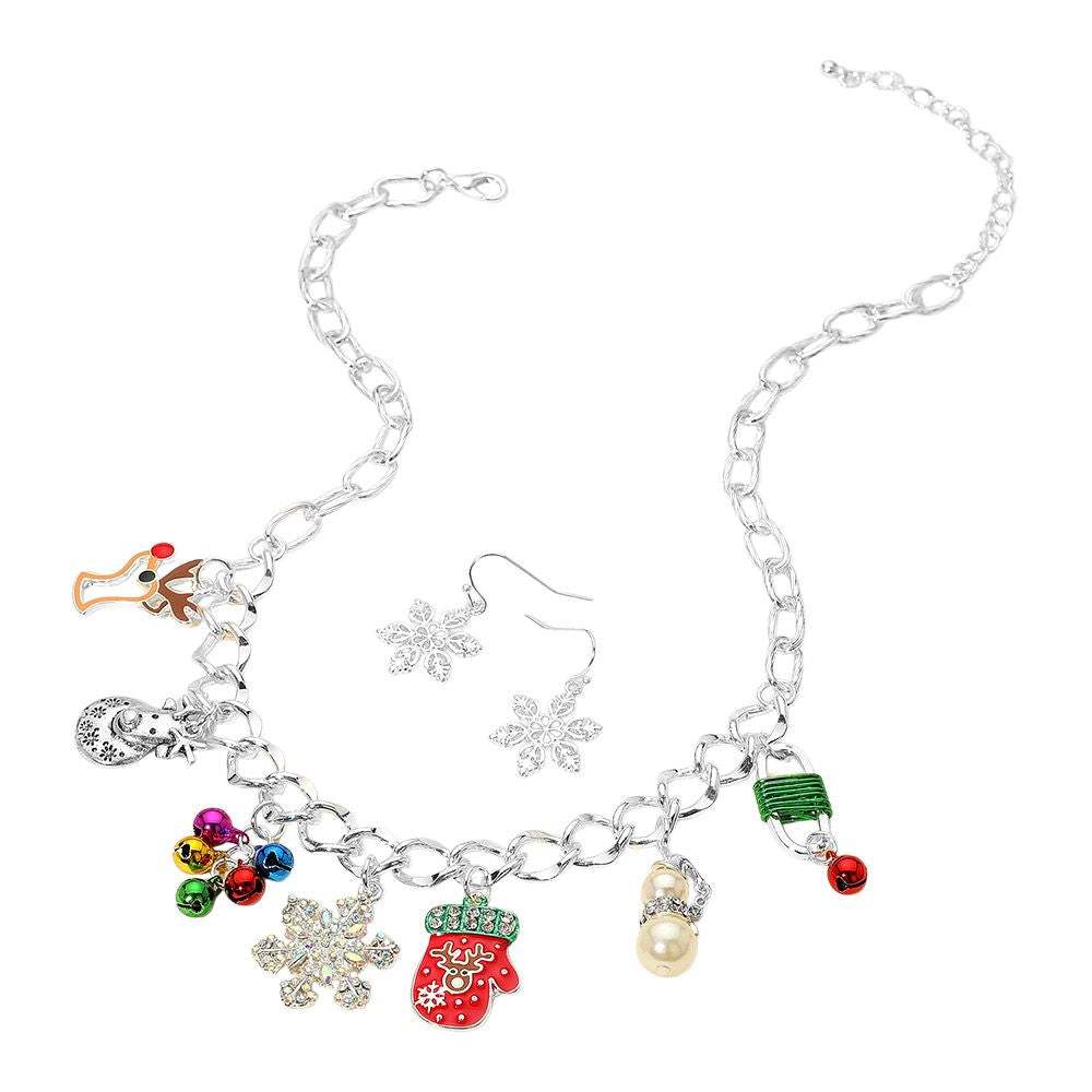 Christmas Mitten Reindeer Pearl Snowflake Charm Station Necklace - Madeline Love - Flyclothing LLC