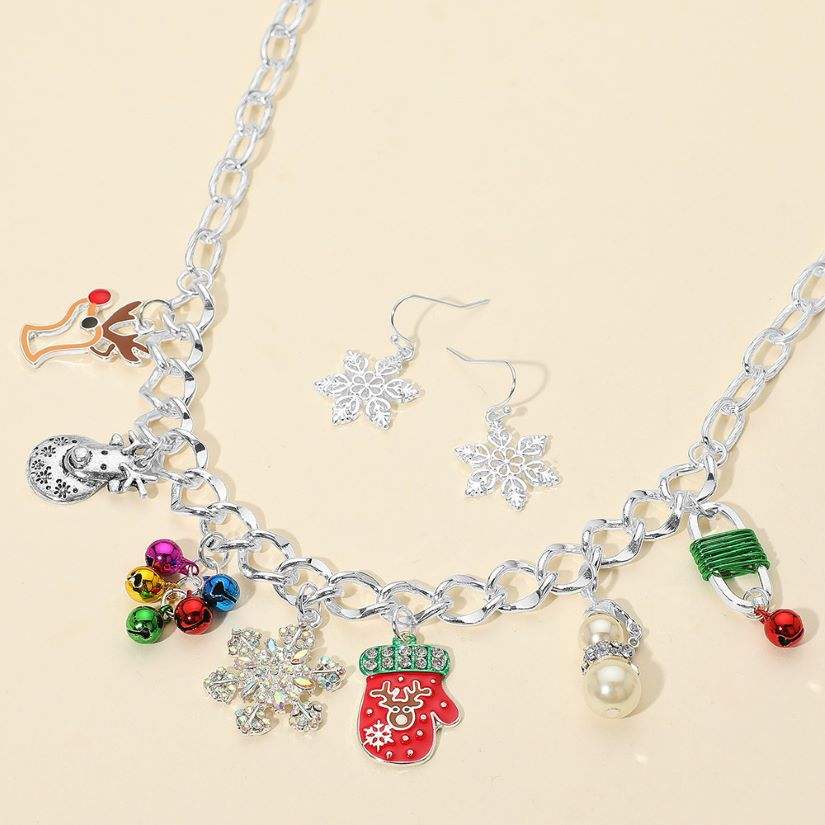 Christmas Mitten Reindeer Pearl Snowflake Charm Station Necklace - Madeline Love - Flyclothing LLC