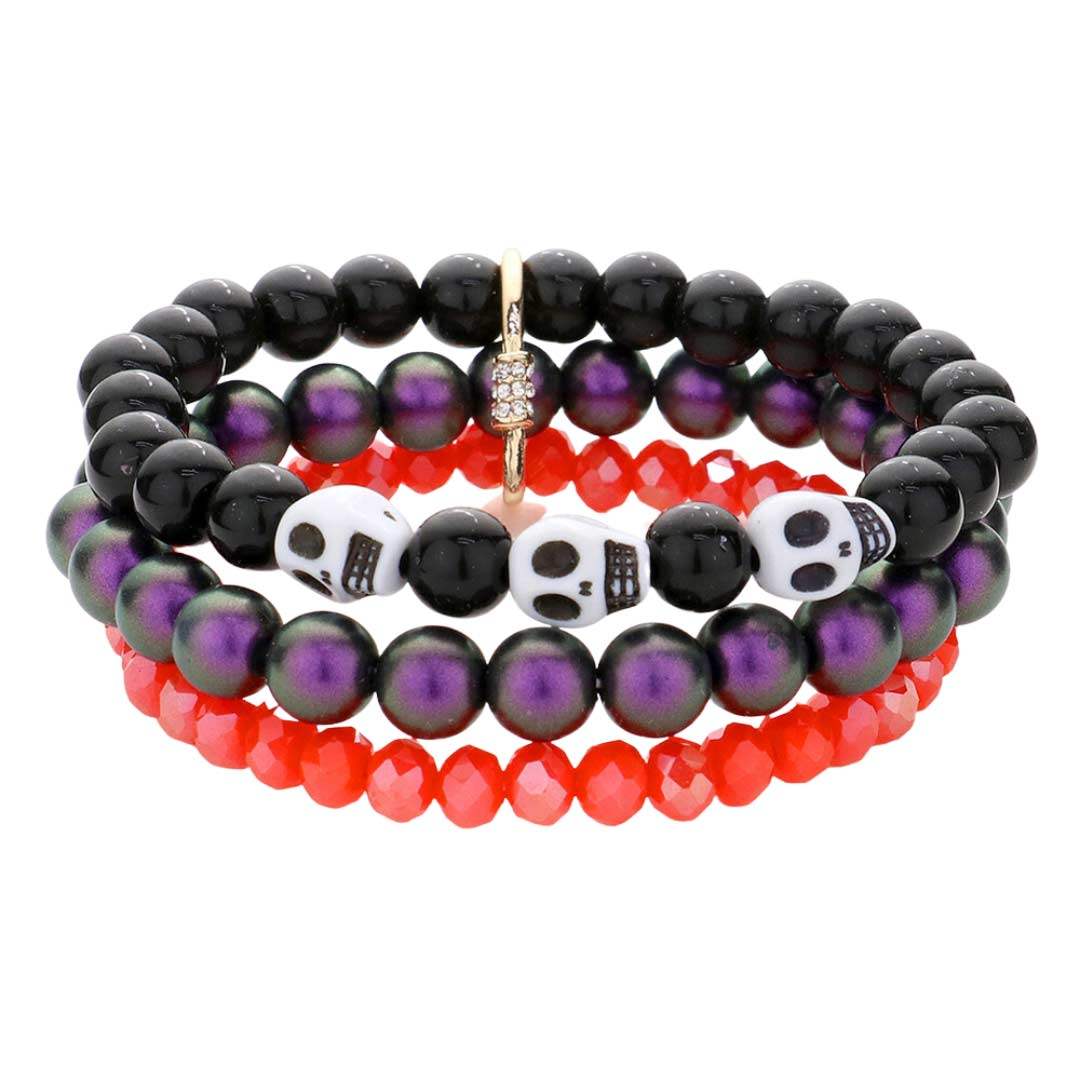 Skull Pointed Triple Layered Beaded Stretch Bracelet - Madeline Love - Flyclothing LLC
