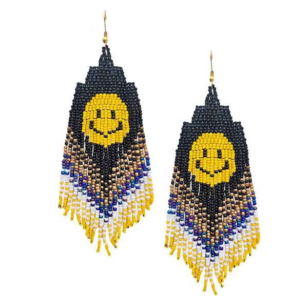 Smile Accented Seed Beaded Fringe Dangle Earrings - Madeline Love - Flyclothing LLC