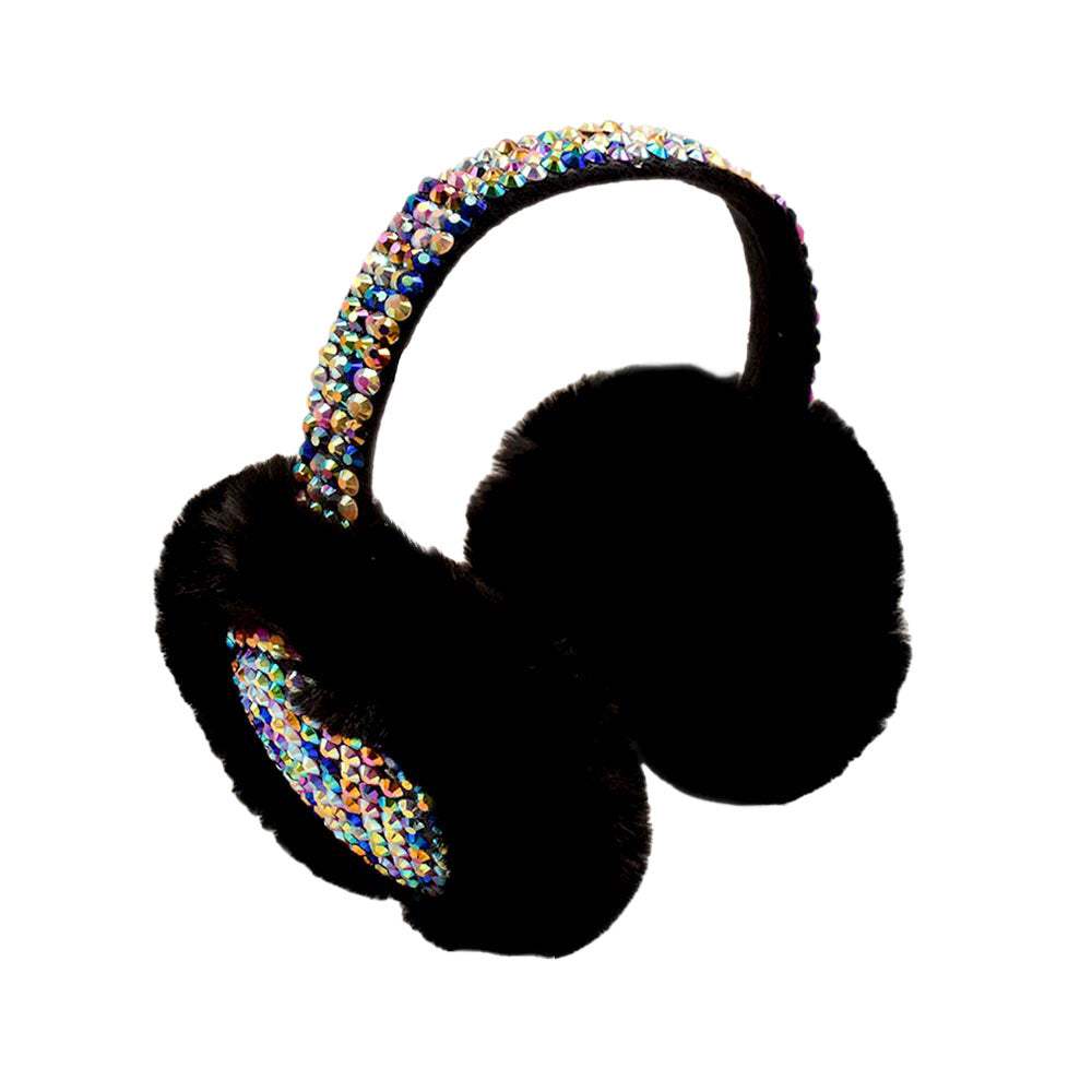 Studded Fluffy Plush Fur Foldable Earmuff - Madeline Love - Flyclothing LLC