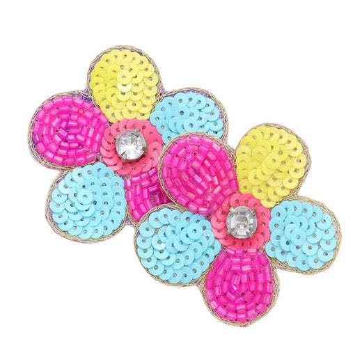 Felt Back Stone Embellished Seed Beaded Flower Earrings - Madeline Love - Flyclothing LLC