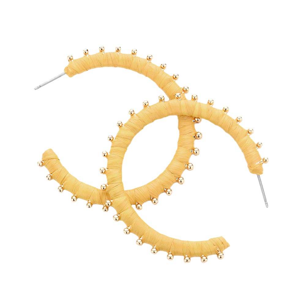 Metal Ball Trimmed Raffia Wrapped Hoop Earrings - Madeline Love - Flyclothing LLC