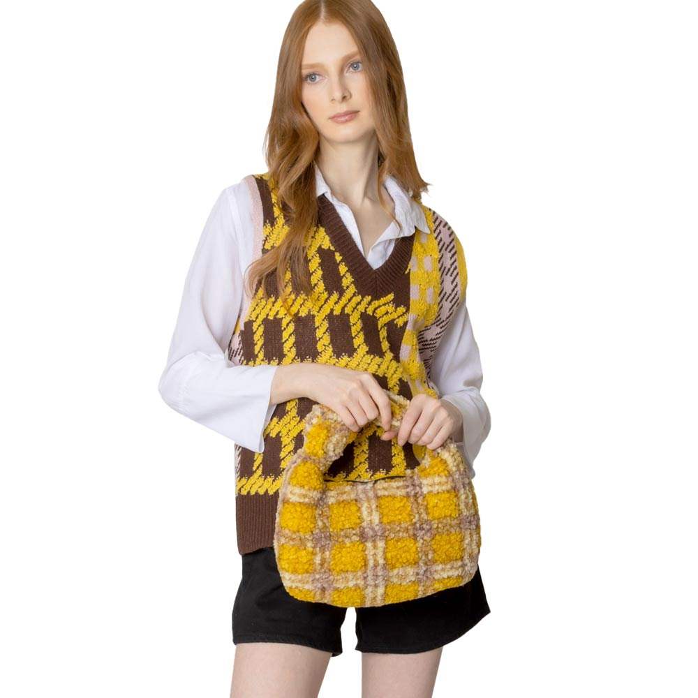 Plaid Check Patterned Sherpa Tote Bag - Madeline Love - Flyclothing LLC
