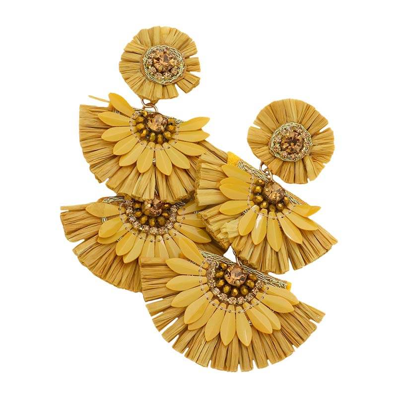 Stone Embellished Half Round Raffia Link Dangle Earrings - Madeline Love - Flyclothing LLC