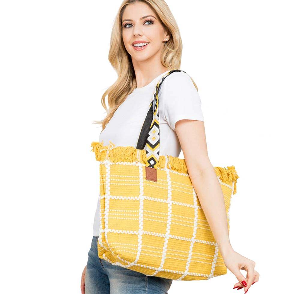 Top Fringe Pointed Check Patterned Tote Bag - Madeline Love - Flyclothing LLC