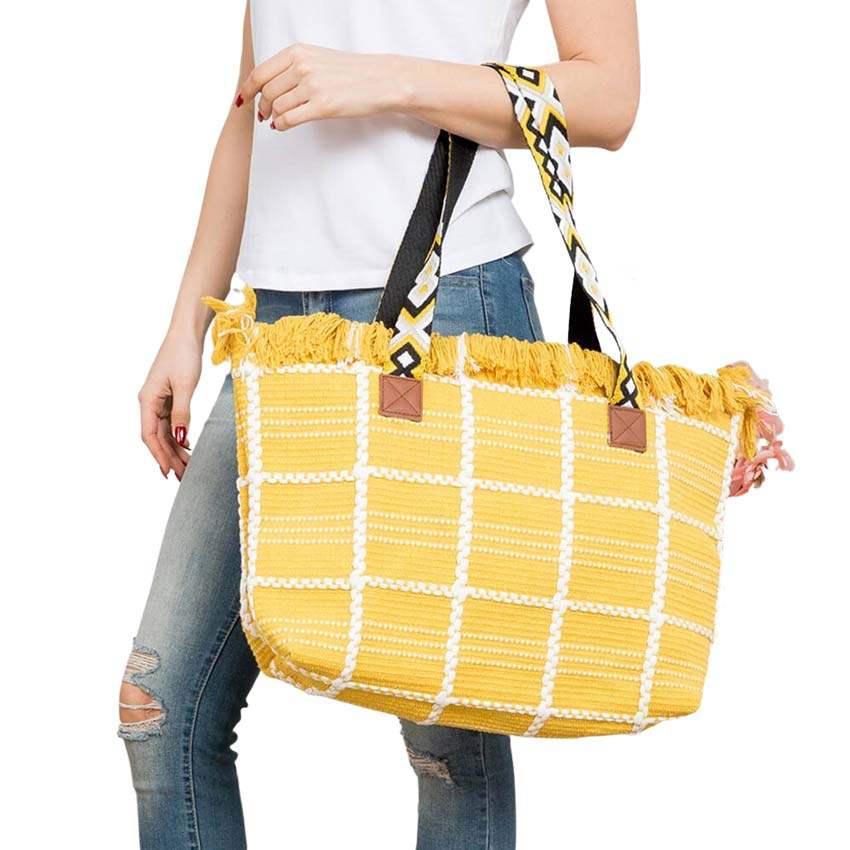 Top Fringe Pointed Check Patterned Tote Bag - Madeline Love - Flyclothing LLC