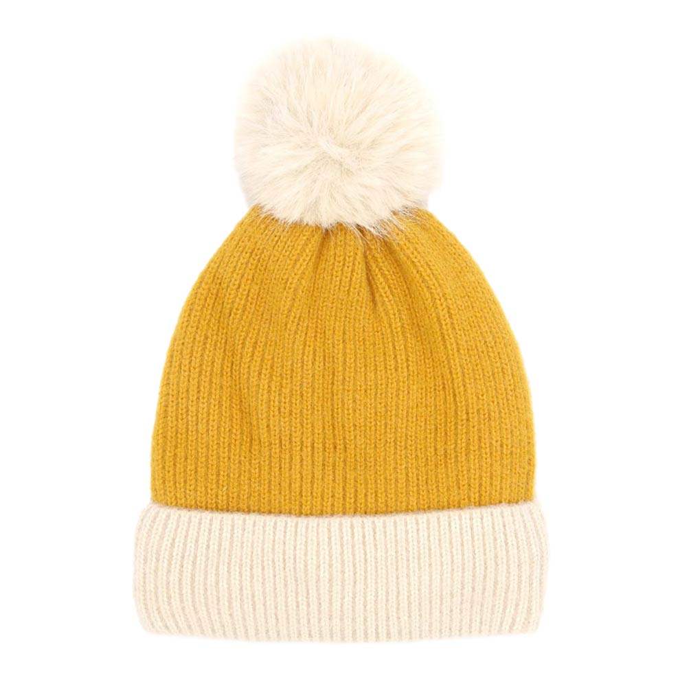 Two Tone Knit Pom Pom Beanie Hat - Madeline Love - Flyclothing LLC