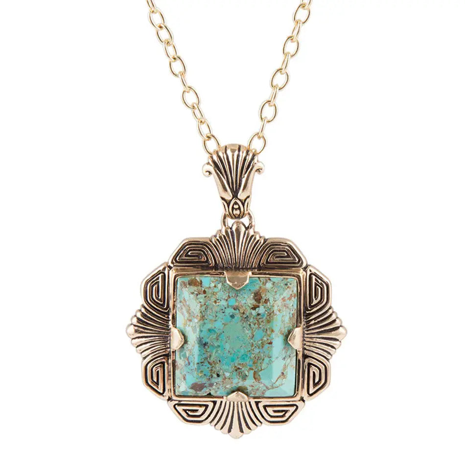 Blue Turquoise Square Golden Pendant Necklace - Barse Jewelry - Flyclothing LLC