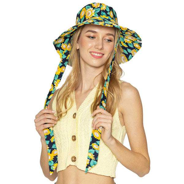 Sunflower Patterned Chin Tie Bucket Hat - Madeline Love - Flyclothing LLC