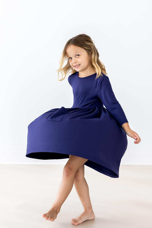 Navy 3/4 Sleeve Pocket Twirl Dress - Mila & Rose ® - Flyclothing LLC