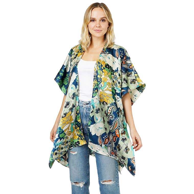 Floral Patterned Satin Cover Up Kimono Poncho - Madeline Love - Flyclothing LLC