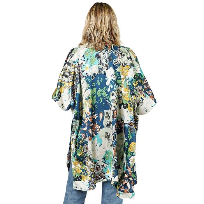 Floral Patterned Satin Cover Up Kimono Poncho - Madeline Love - Flyclothing LLC