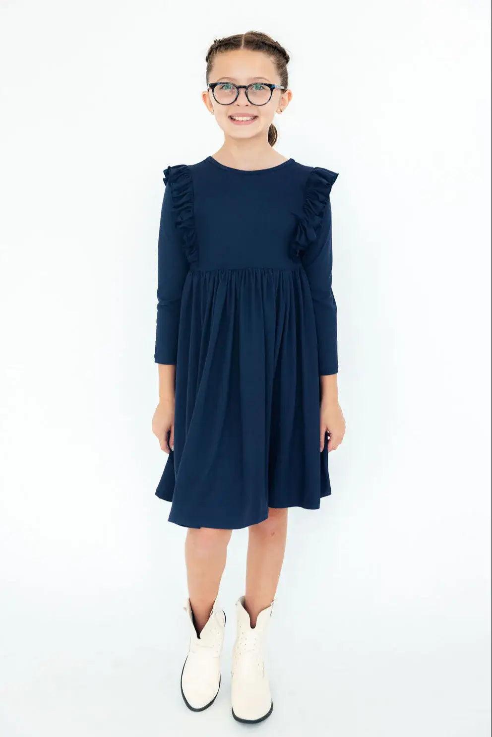 Navy L/S Ruffle Twirl Dress - Mila & Rose ® - Flyclothing LLC