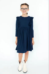 Navy L/S Ruffle Twirl Dress - Mila & Rose ® - Flyclothing LLC