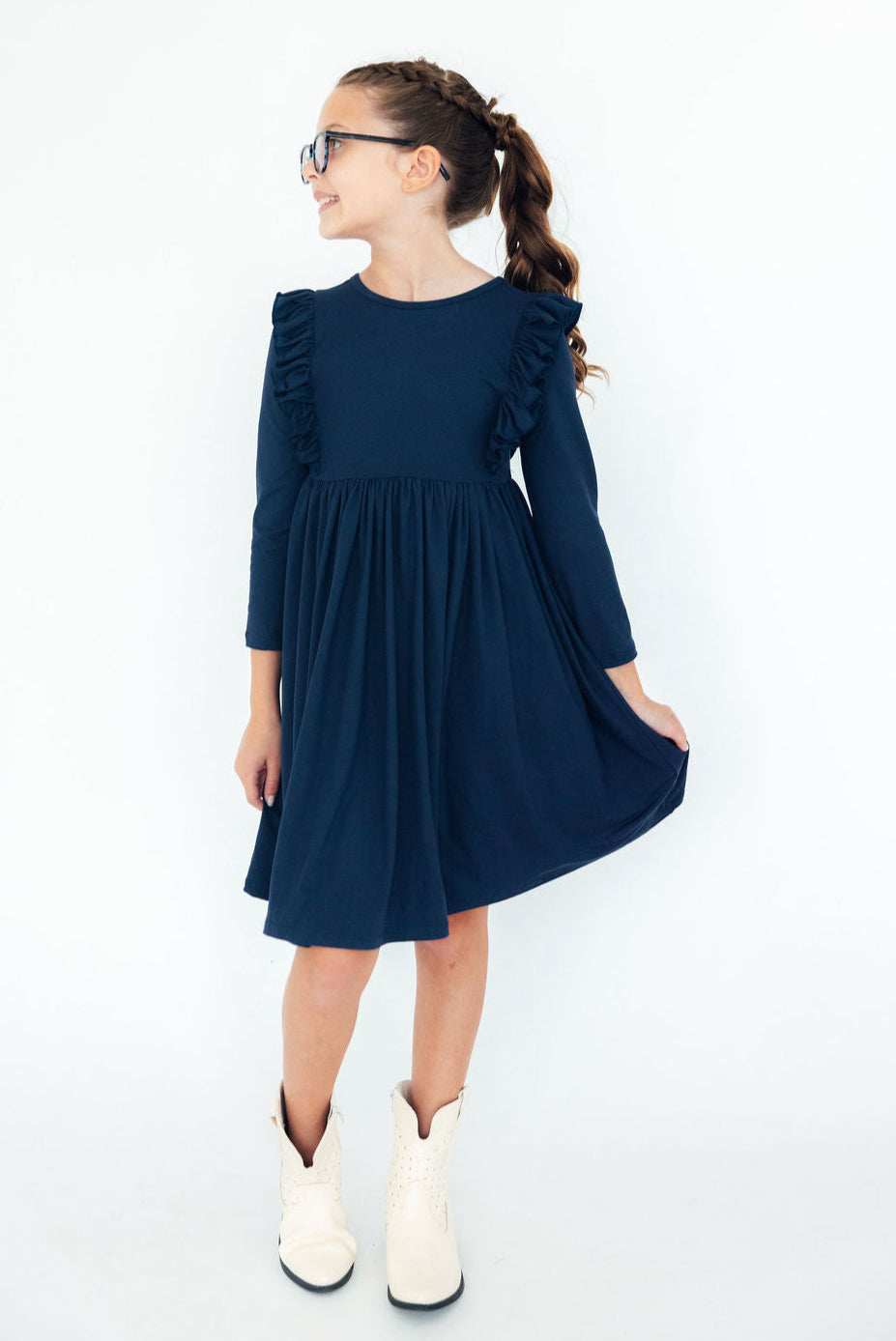 Navy L/S Ruffle Twirl Dress - Mila & Rose ® - Flyclothing LLC