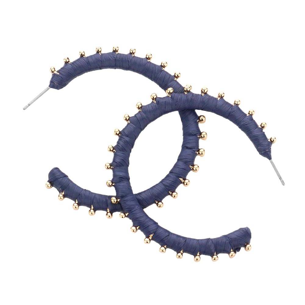 Metal Ball Trimmed Raffia Wrapped Hoop Earrings - Madeline Love - Flyclothing LLC