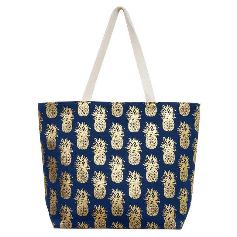 Metallic Pineapple Patterned Beach Tote Bag - Madeline Love - Flyclothing LLC