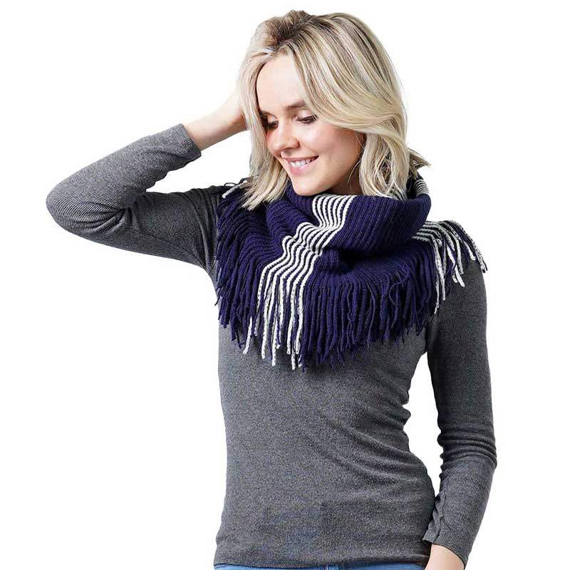 Stripe Knit Tube Scarf With Tassel - Madeline Love - Flyclothing LLC