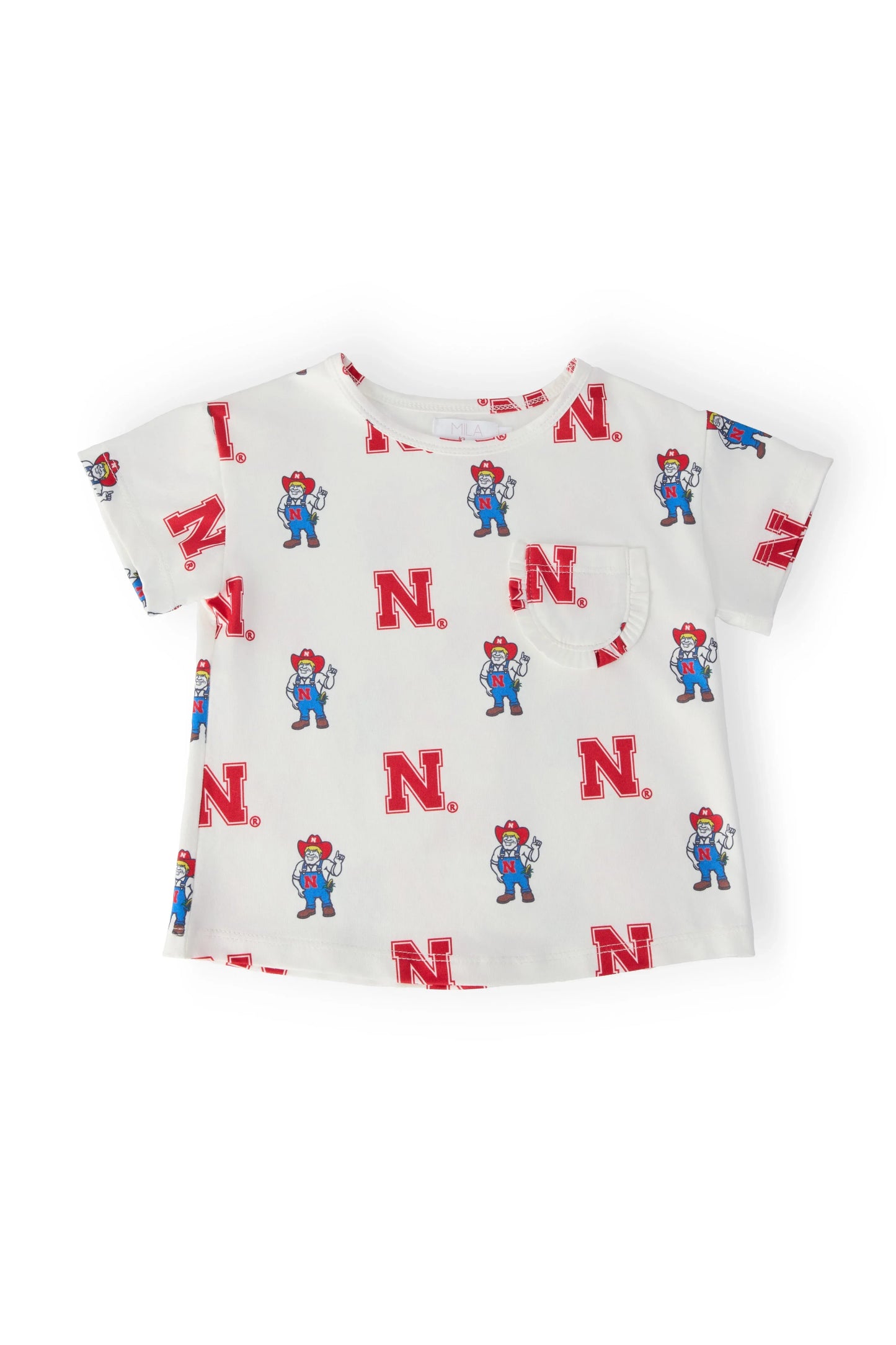 Nebraska White Herbie Husker Ruffle Pocket Tee - Mila & Rose ® - Flyclothing LLC