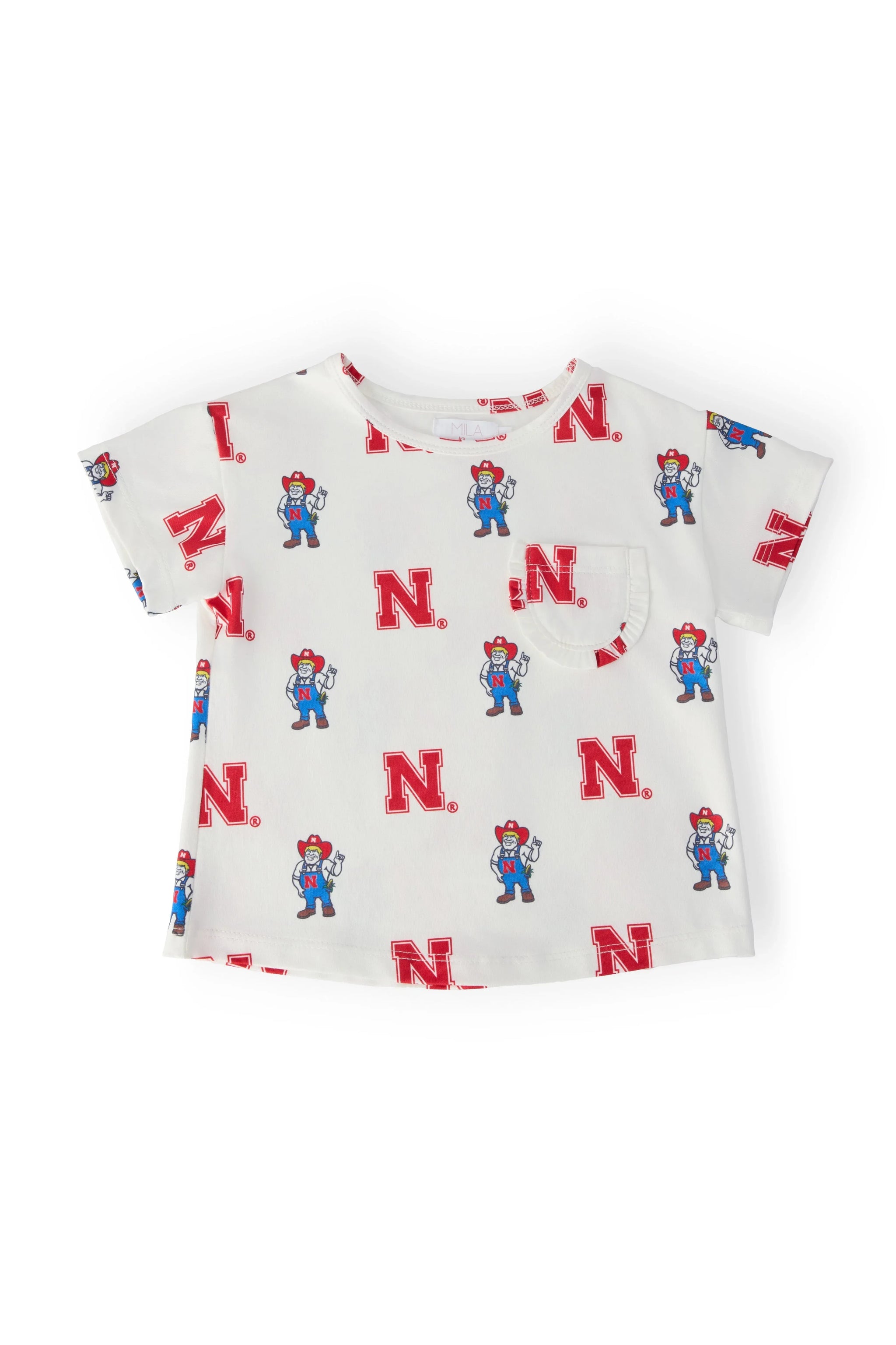 Nebraska White Herbie Husker Ruffle Pocket Tee - Mila & Rose ® - Flyclothing LLC
