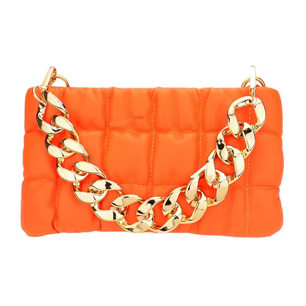 Faux Leather Padded Shoulder Crossbody Bag With Chain Strap - Madeline Love - Flyclothing LLC