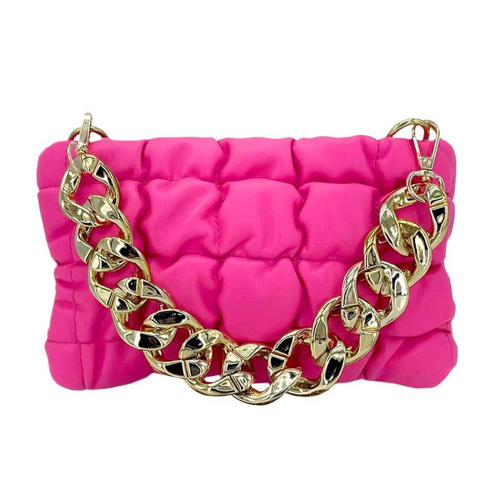 Faux Leather Padded Shoulder Crossbody Bag With Chain Strap - Madeline Love - Flyclothing LLC