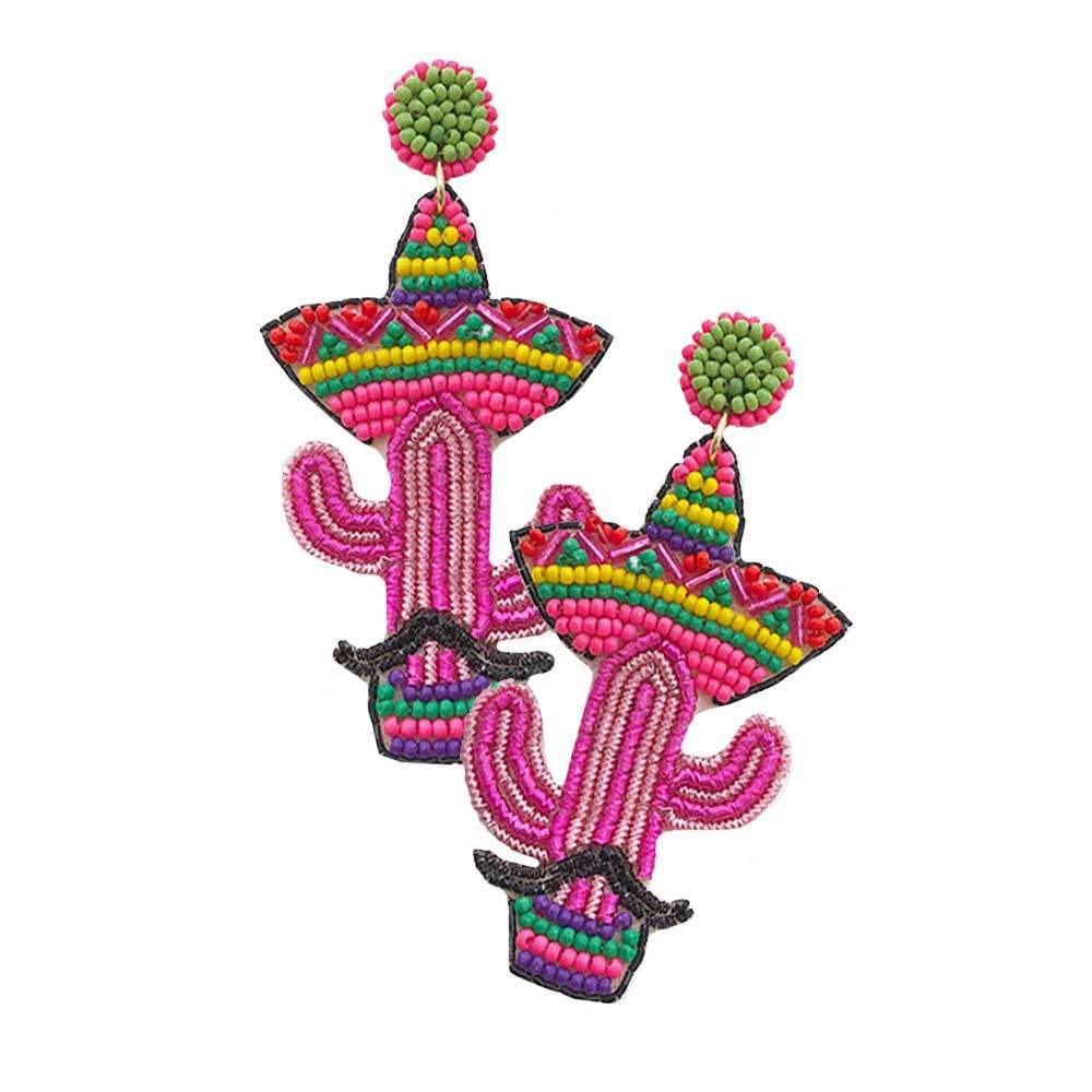 Felt Back Seed Beaded Cactus Dangle Earrings - Madeline Love - Flyclothing LLC