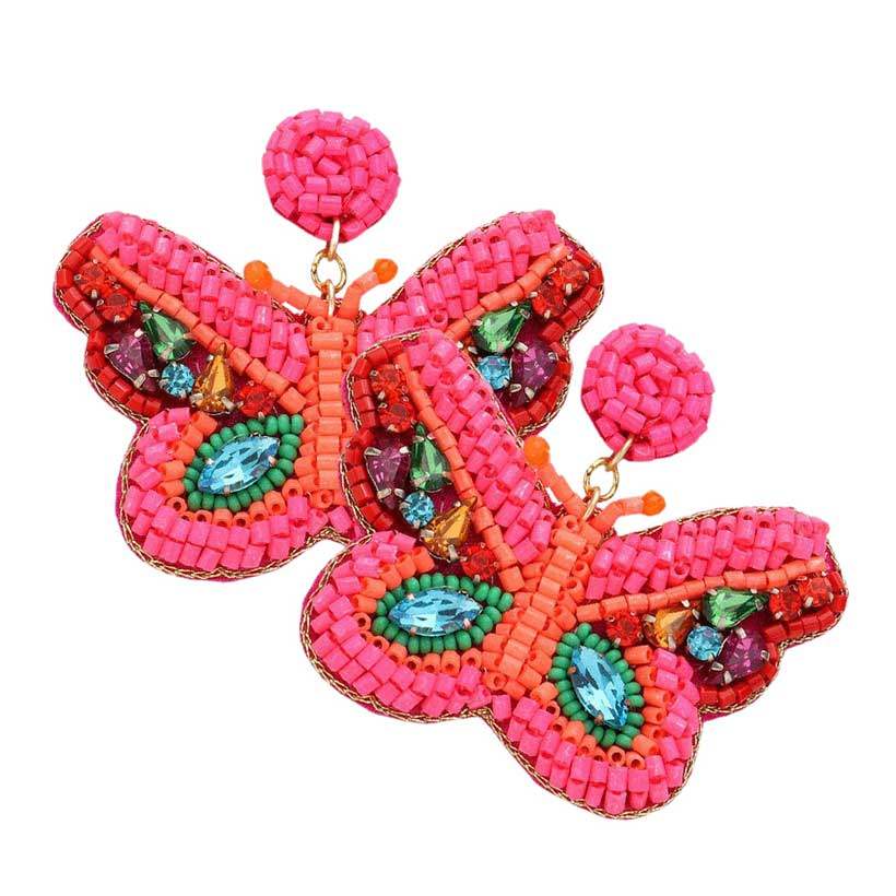 Felt Back Multi Stone Beaded Butterfly Dangle Earrings - Madeline Love - Flyclothing LLC
