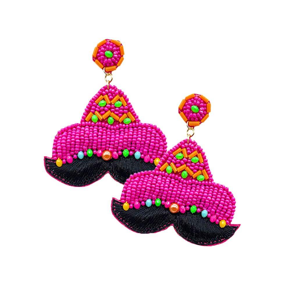 Felt Back Seed Beaded Hat Mustache Dangle Earrings - Madeline Love - Flyclothing LLC