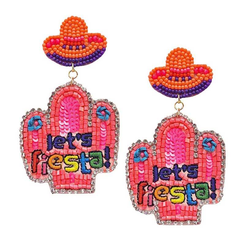 Lets Fiesta Felt Back Sequin Beaded Cactus Dangle Earrings - Madeline Love - Flyclothing LLC