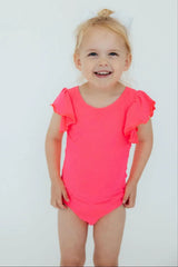 Neon Pink S/S Flutter Sleeve Leotard - Mila & Rose ® - Flyclothing LLC