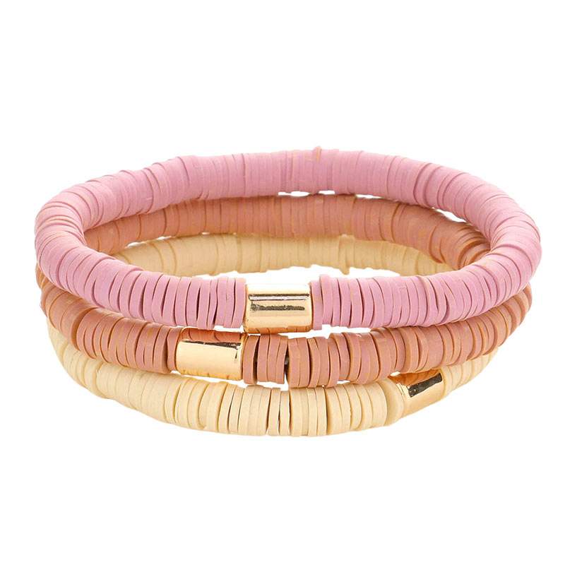 3PCS Metal Cylinder Heishi Beaded Stretch Bracelets - Madeline Love - Flyclothing LLC