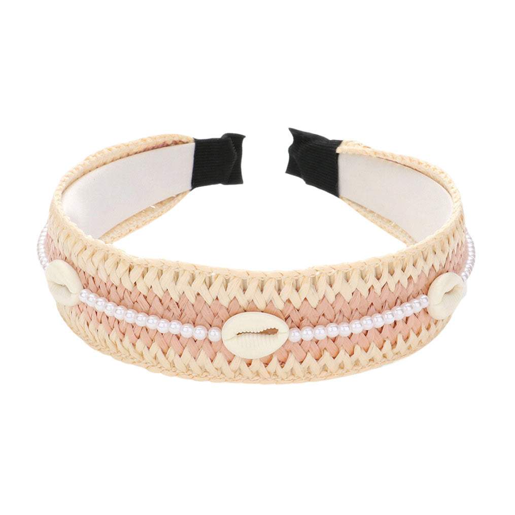Pearl Puka Shell Embellished Woven Straw Headband - Madeline Love - Flyclothing LLC