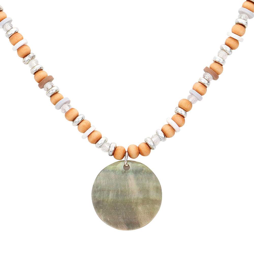 Wood Heishi Beaded Abalone Pendant Necklace - Madeline Love - Flyclothing LLC