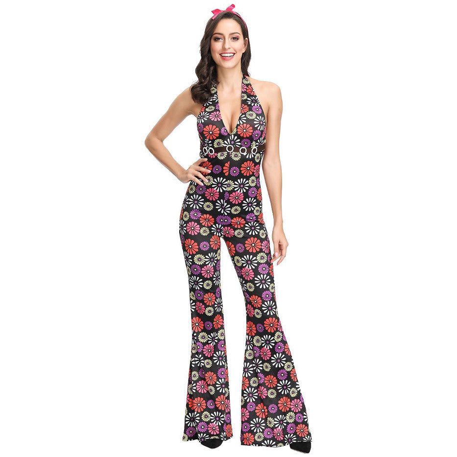 70s Disco Onesie Costume - Vintage Hippie Flower Power Jumpsuit for Couple Show & Theme Parties - SHOMICOBOUTIQUE - Flyclothing LLC