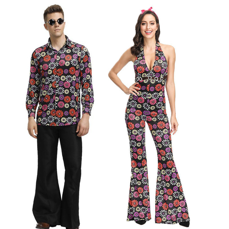 70s Disco Onesie Costume - Vintage Hippie Flower Power Jumpsuit for Couple Show & Theme Parties - SHOMICOBOUTIQUE - Flyclothing LLC