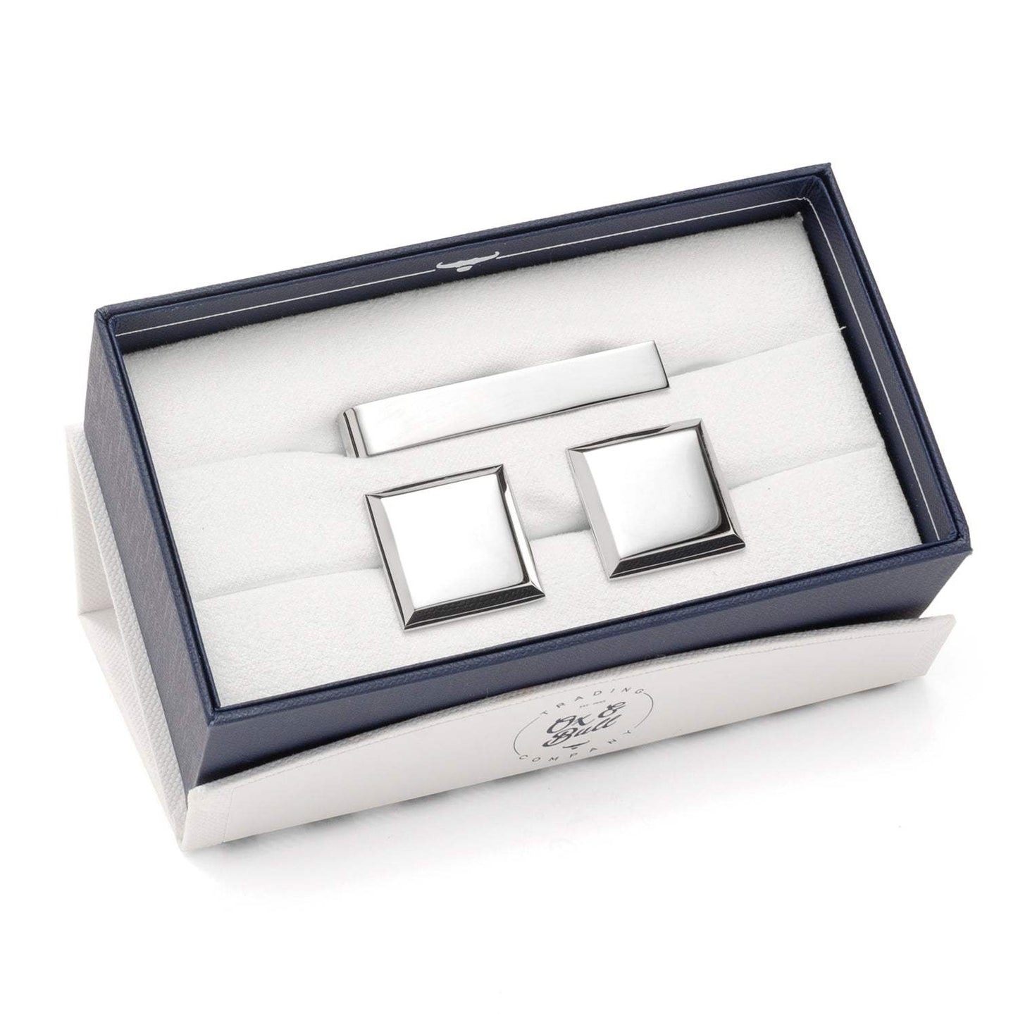Stainless Steel Beveled Square Engravable Cufflinks and Tie Bar Gift Set - Cufflinks.com - Flyclothing LLC