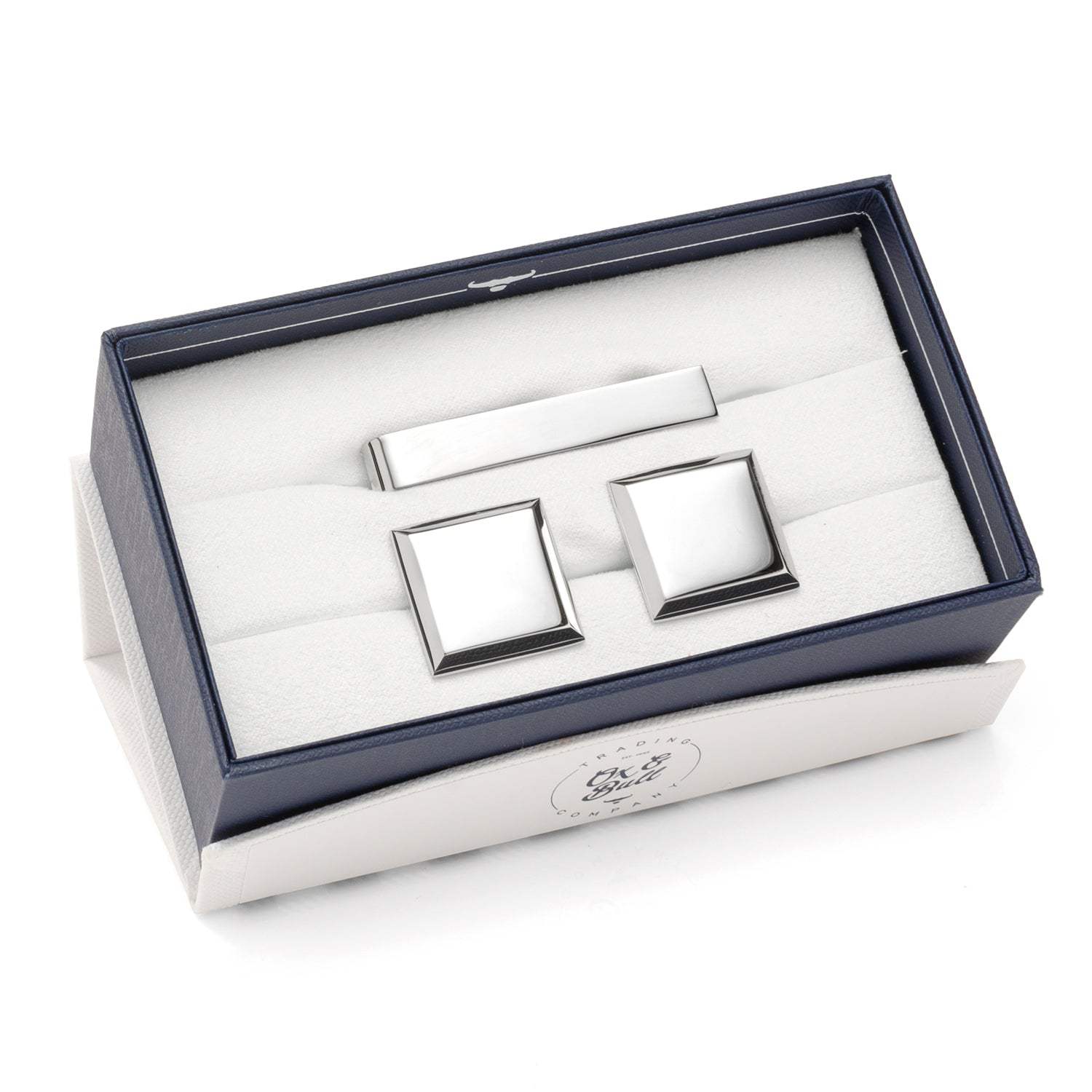 Stainless Steel Beveled Square Engravable Cufflinks and Tie Bar Gift Set - Cufflinks.com - Flyclothing LLC