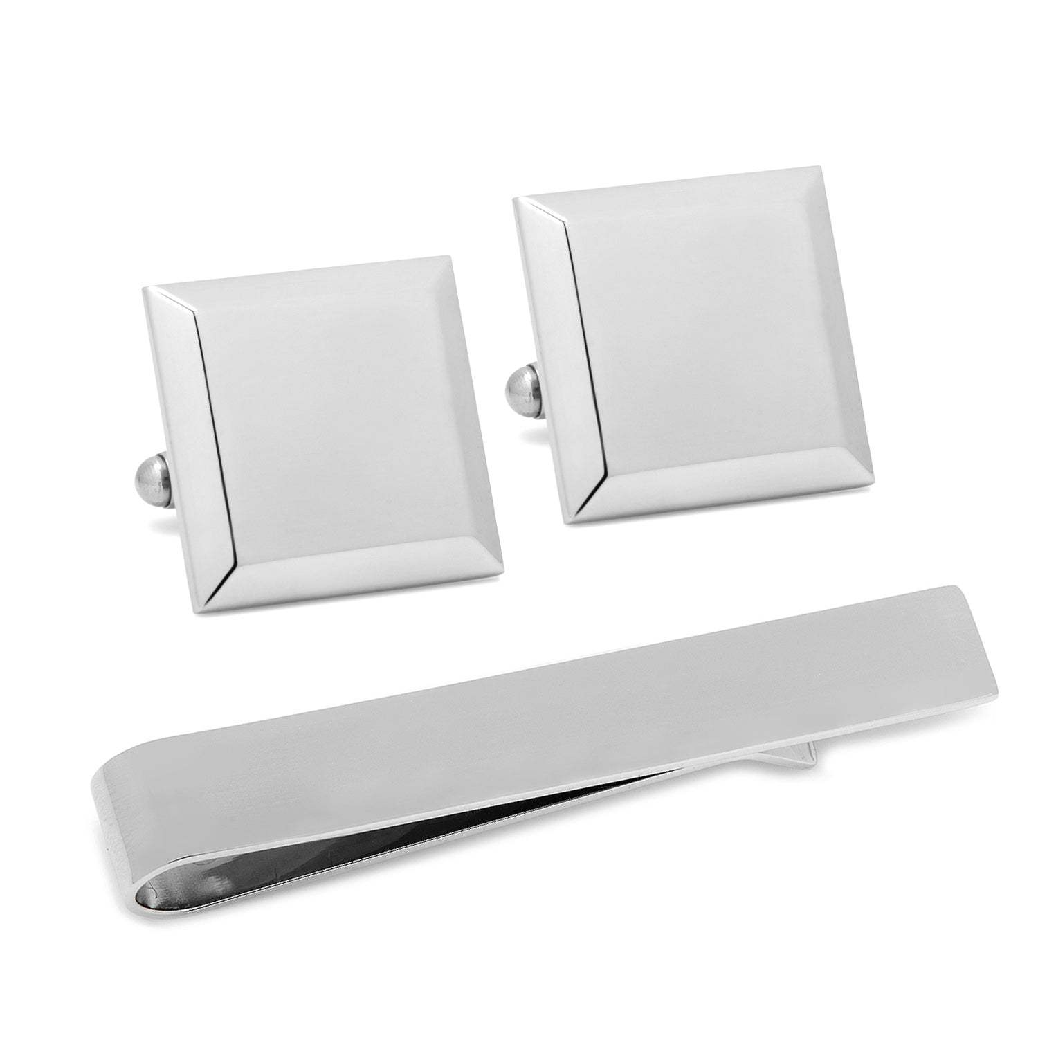 Stainless Steel Beveled Square Engravable Cufflinks and Tie Bar Gift Set - Cufflinks.com - Flyclothing LLC