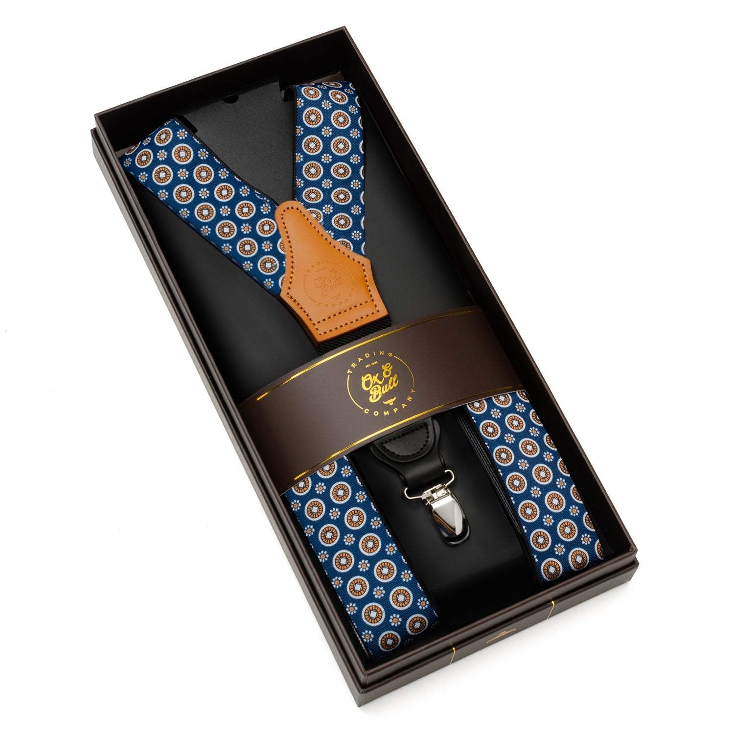 Blue Motif Patterned Convertible Suspenders - Cufflinks.com - Flyclothing LLC
