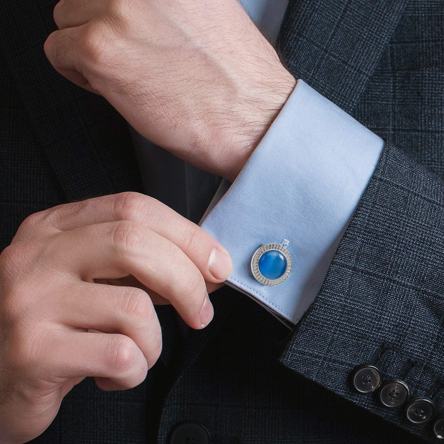 Radiant Blue Catseye Stainless Steel Cufflinks - Cufflinks.com - Flyclothing LLC