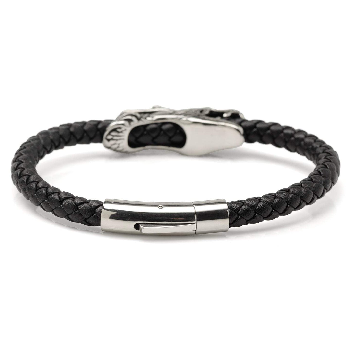 Dragon Head Braided Black Leather Bracelet with Magnetic Closure - Cufflinks.com - Flyclothing LLC