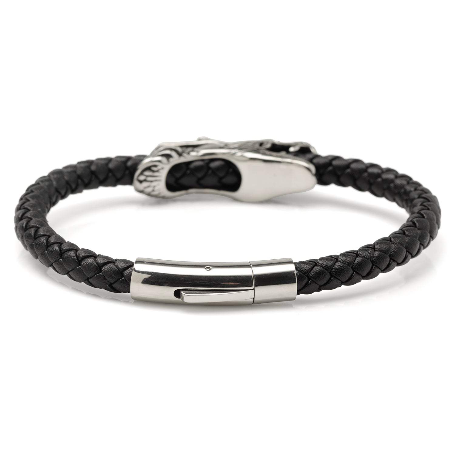 Dragon Head Braided Black Leather Bracelet with Magnetic Closure - Cufflinks.com - Flyclothing LLC